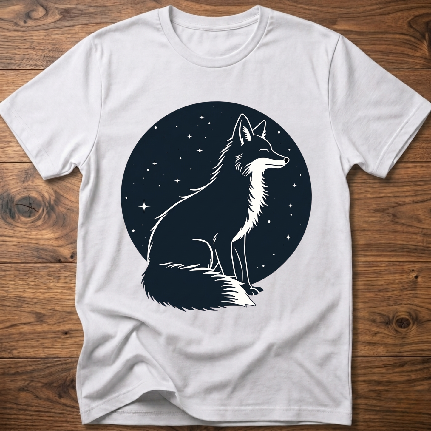 White t-shirt with black starry circle fox graphic on front