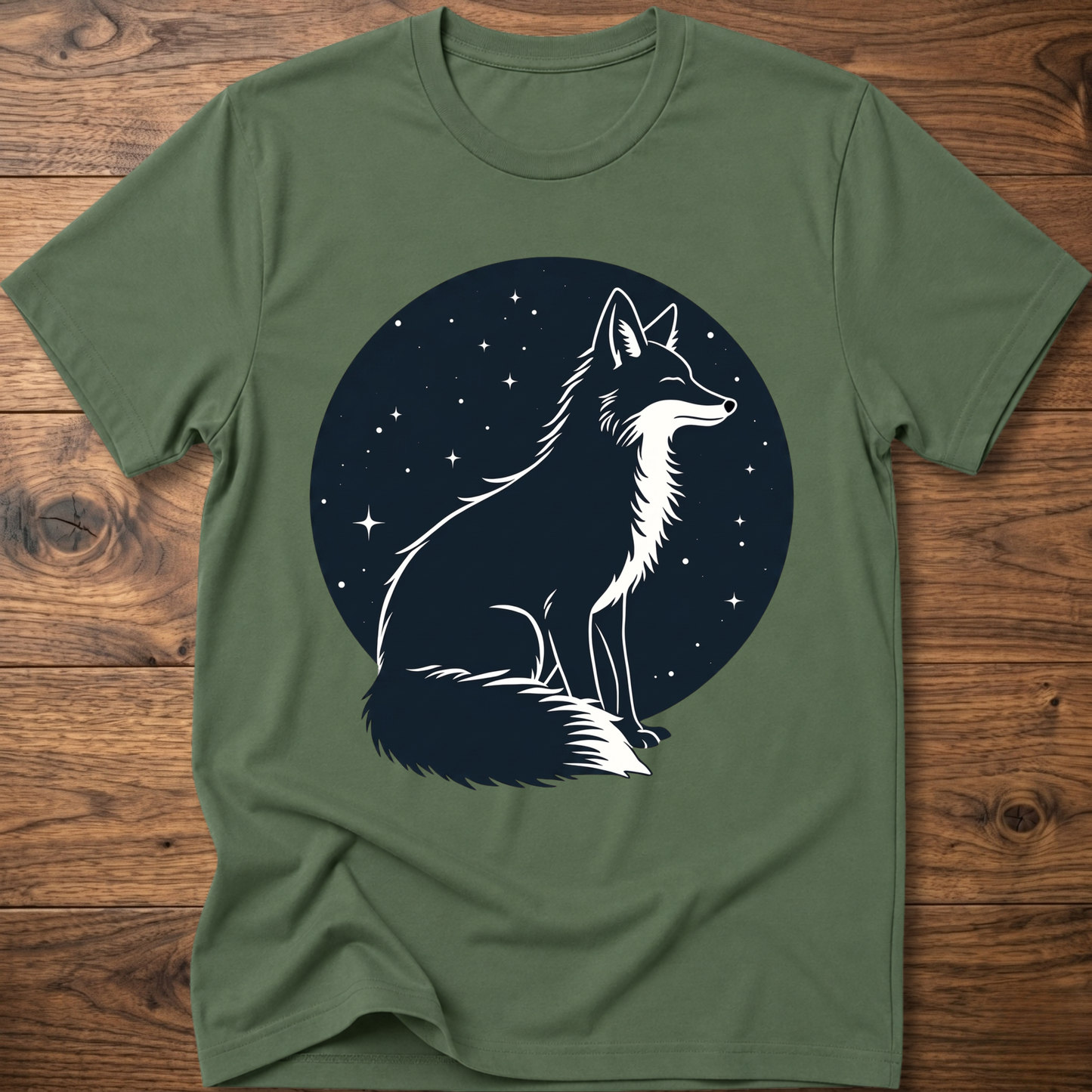 Military green t-shirt with black starry circle fox graphic on front