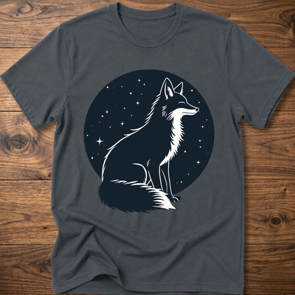 Dark heather gray t-shirt with black starry circle fox graphic on front