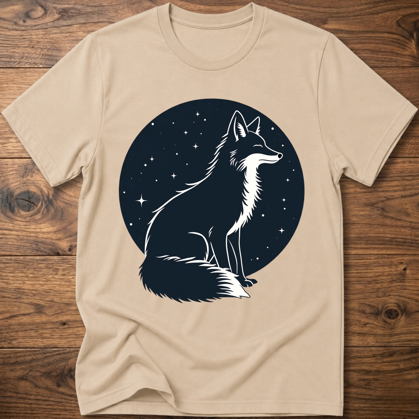 Sand t-shirt with black starry circle fox graphic on front