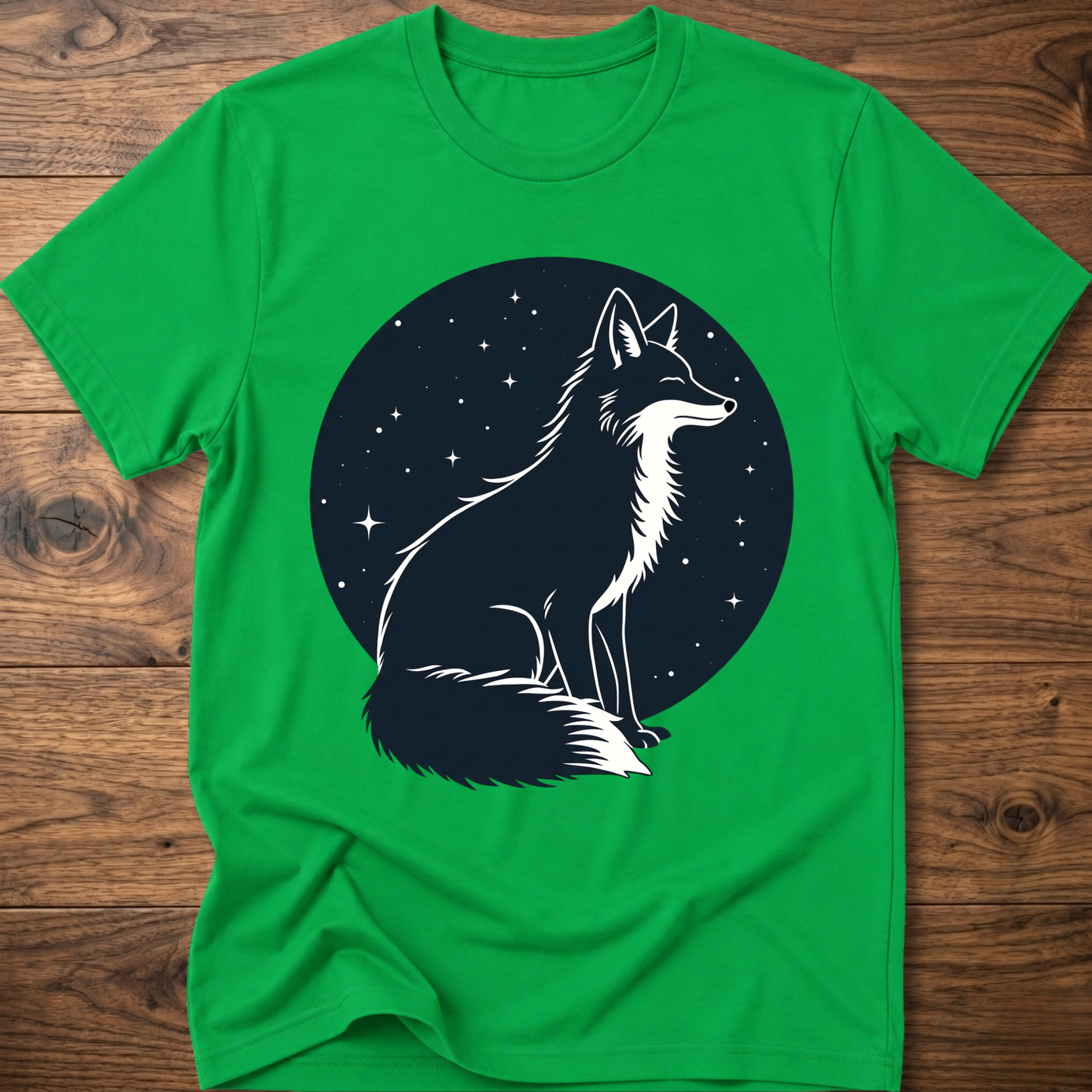 Green t-shirt with black starry circle fox graphic on front