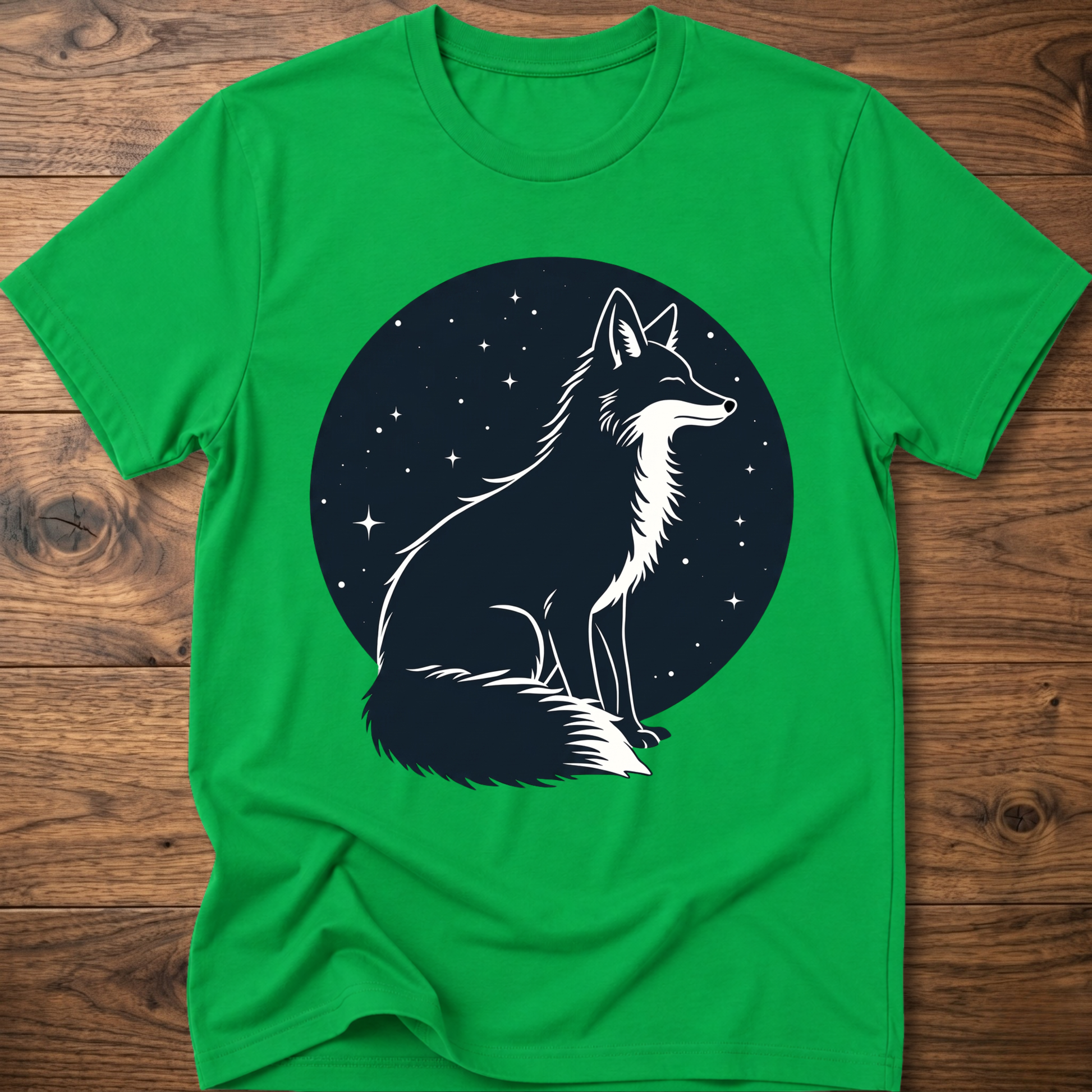 Green t-shirt with black starry circle fox graphic on front
