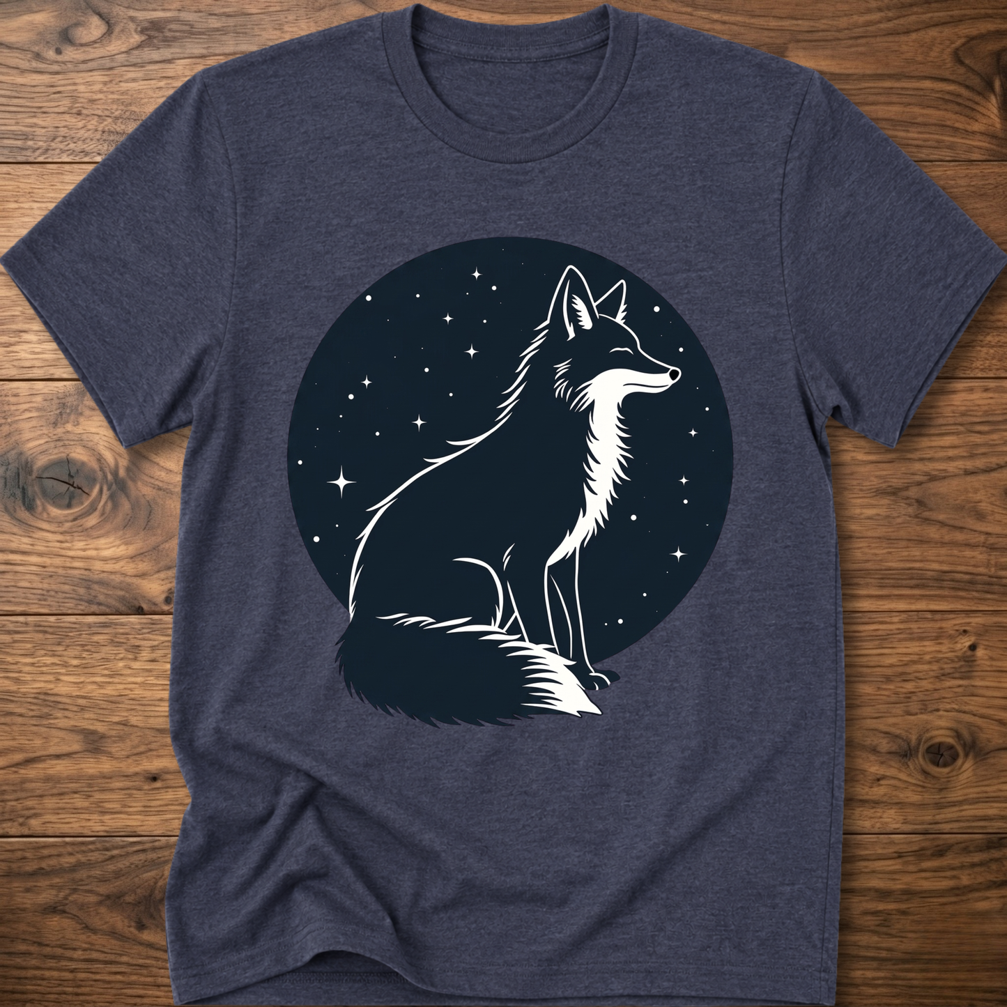 Heather navy t-shirt with black starry circle fox graphic on front