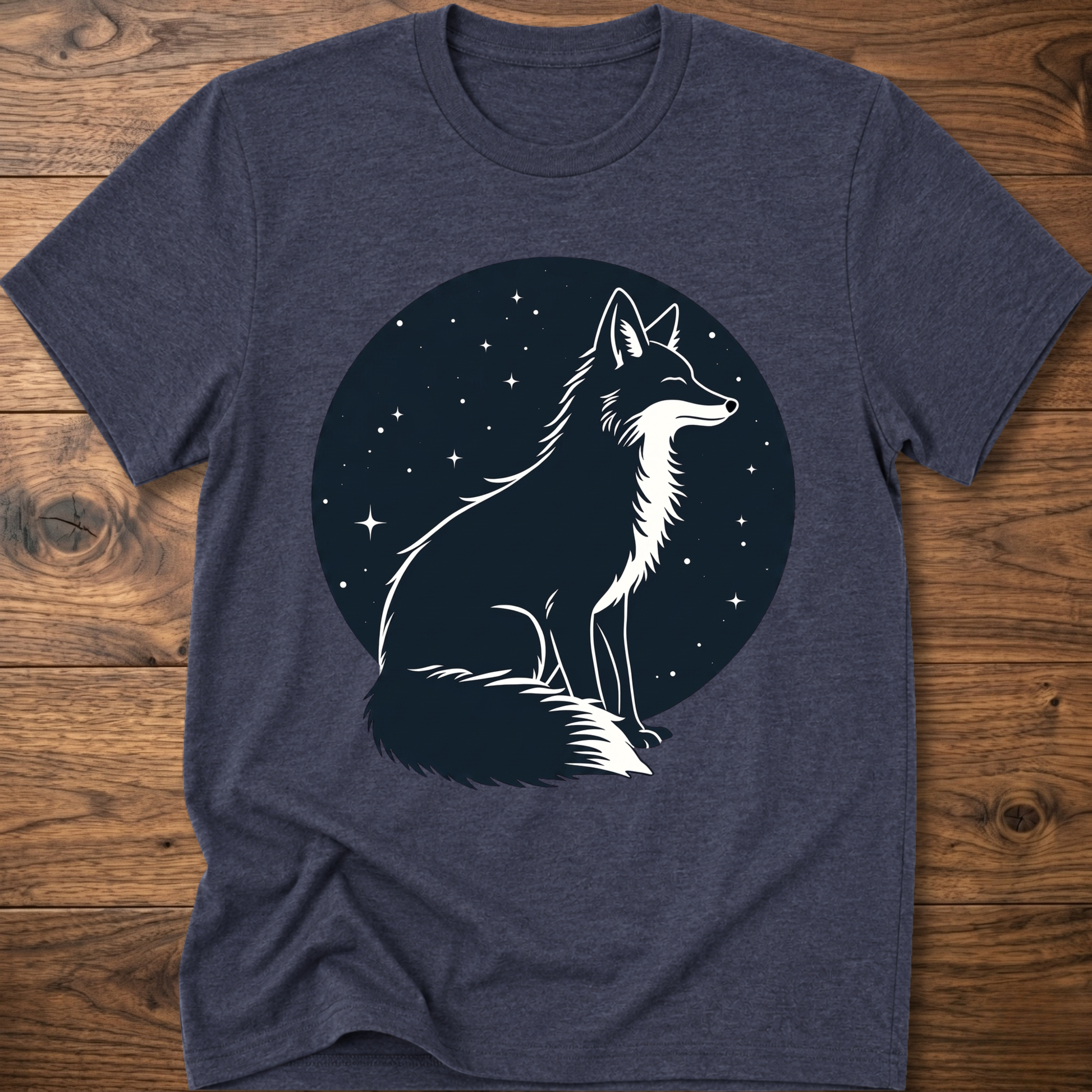 Heather navy t-shirt with black starry circle fox graphic on front