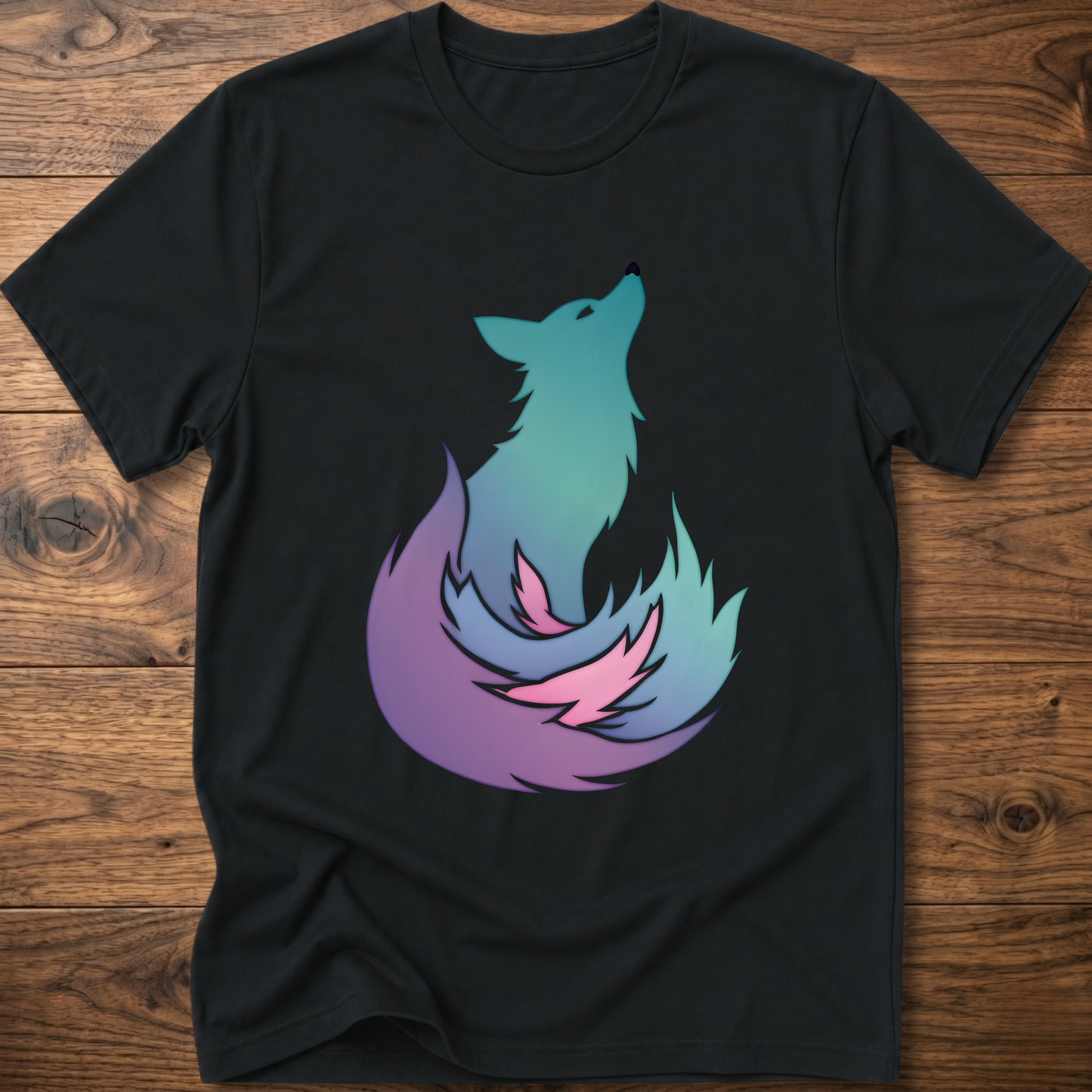Black t-shirt with colorful fox graphic on the chest