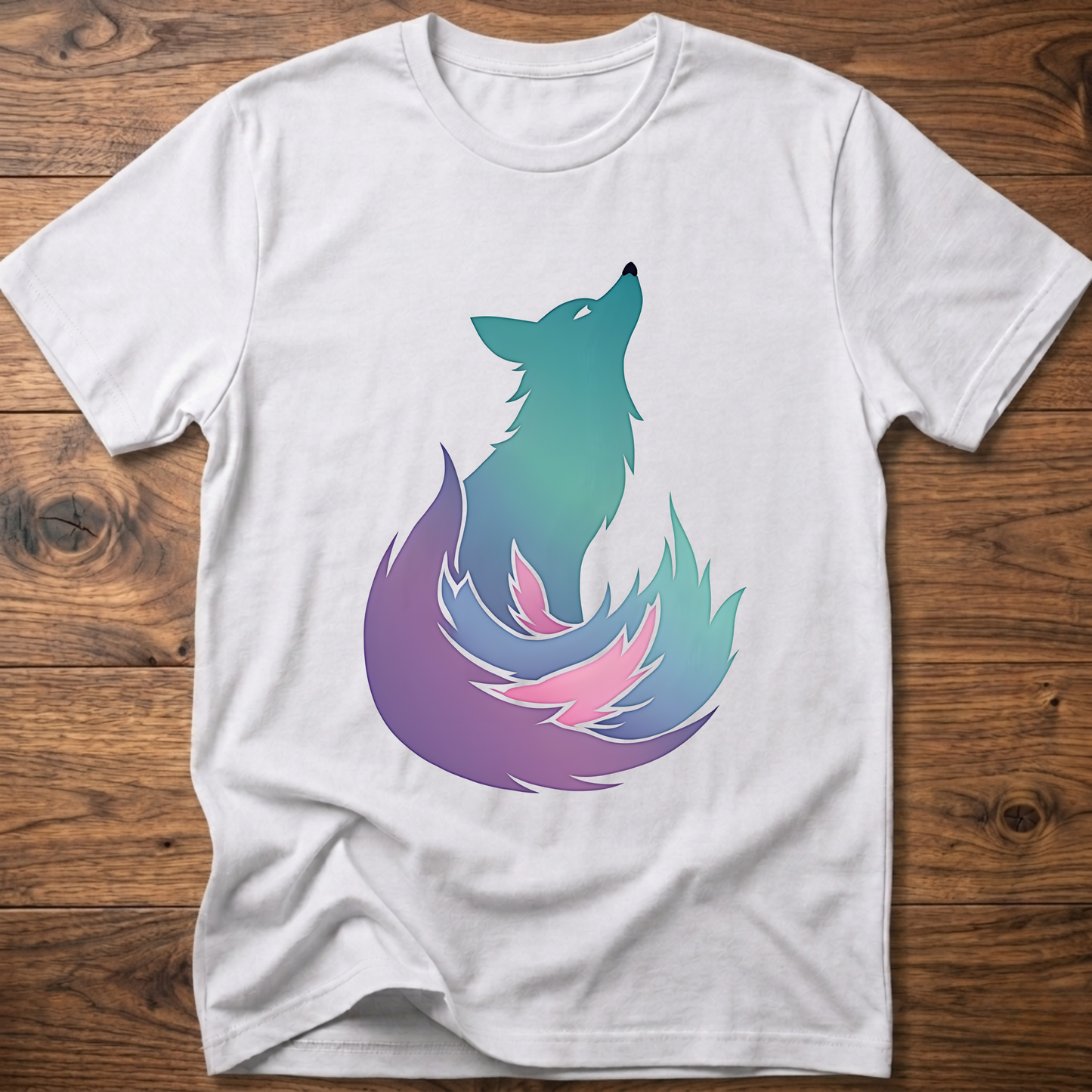 White t-shirt with large colorful fox graphic on the chest