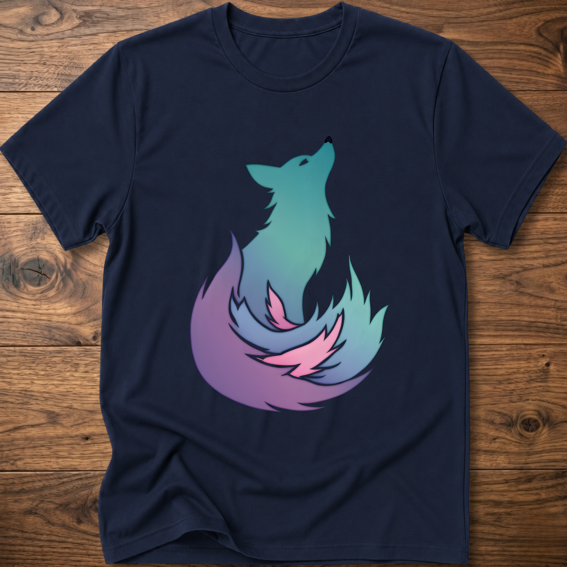Navy t-shirt with colorful fox graphic on the chest