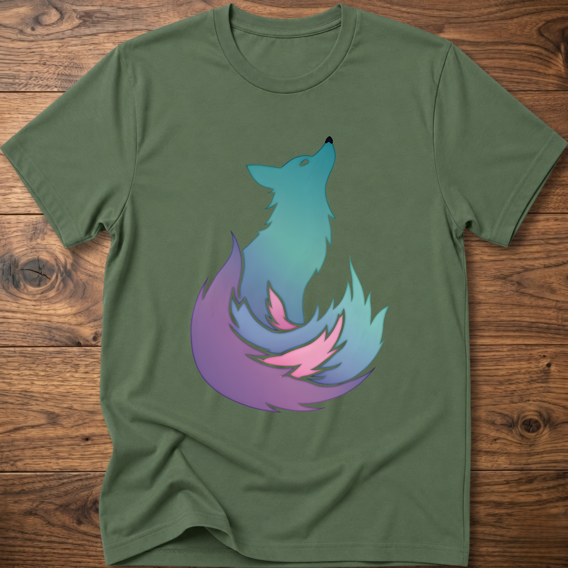 Military green t-shirt with colorful fox graphic on the chest