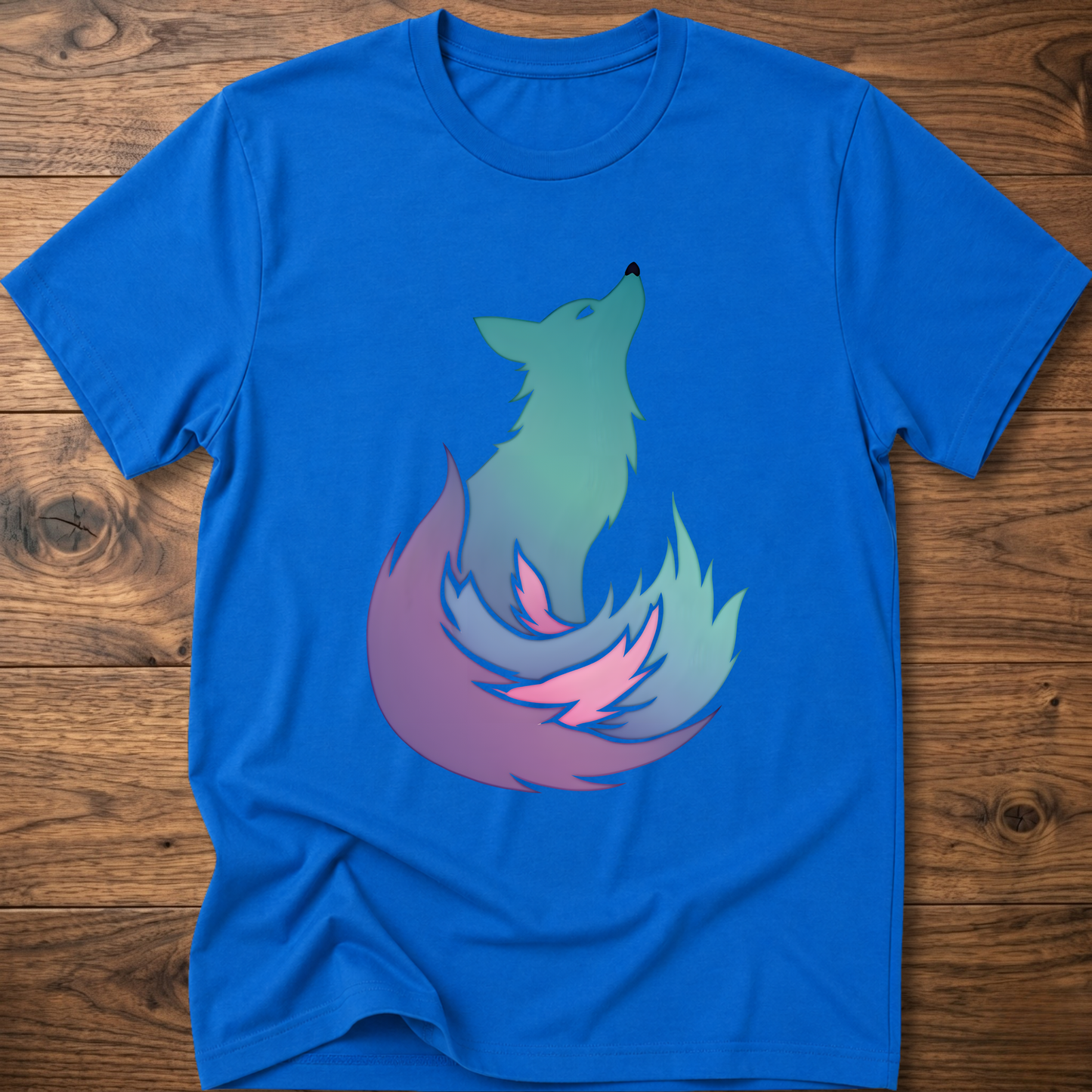 Royal blue t-shirt with colorful fox graphic on the chest