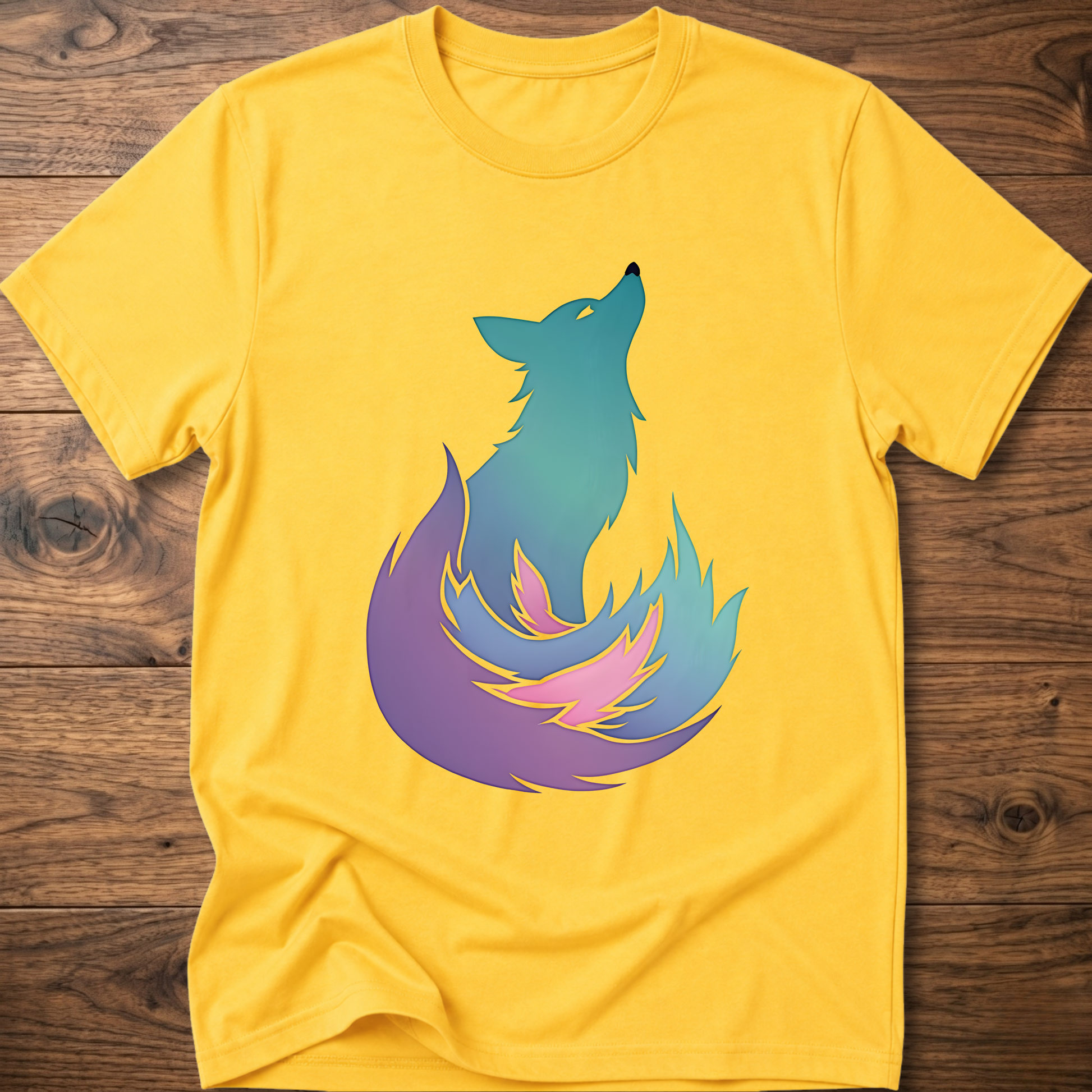 Daisy yellow t-shirt with large colorful fox graphic on the chest