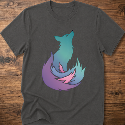 Dark heather gray t-shirt with colorful fox graphic on the chest