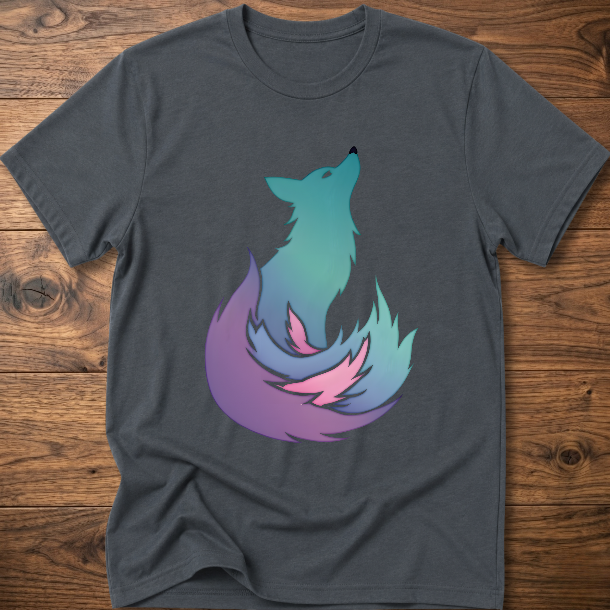 Charcoal t-shirt with colorful fox graphic on the chest