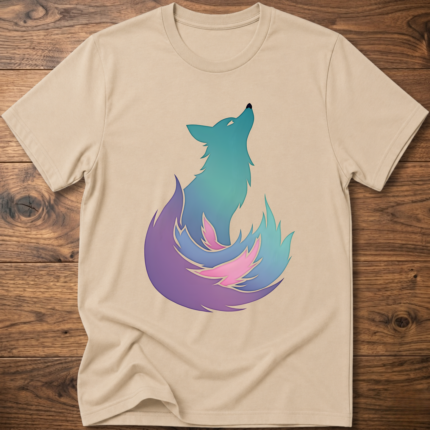 Sand color t-shirt with colorful fox graphic on the chest