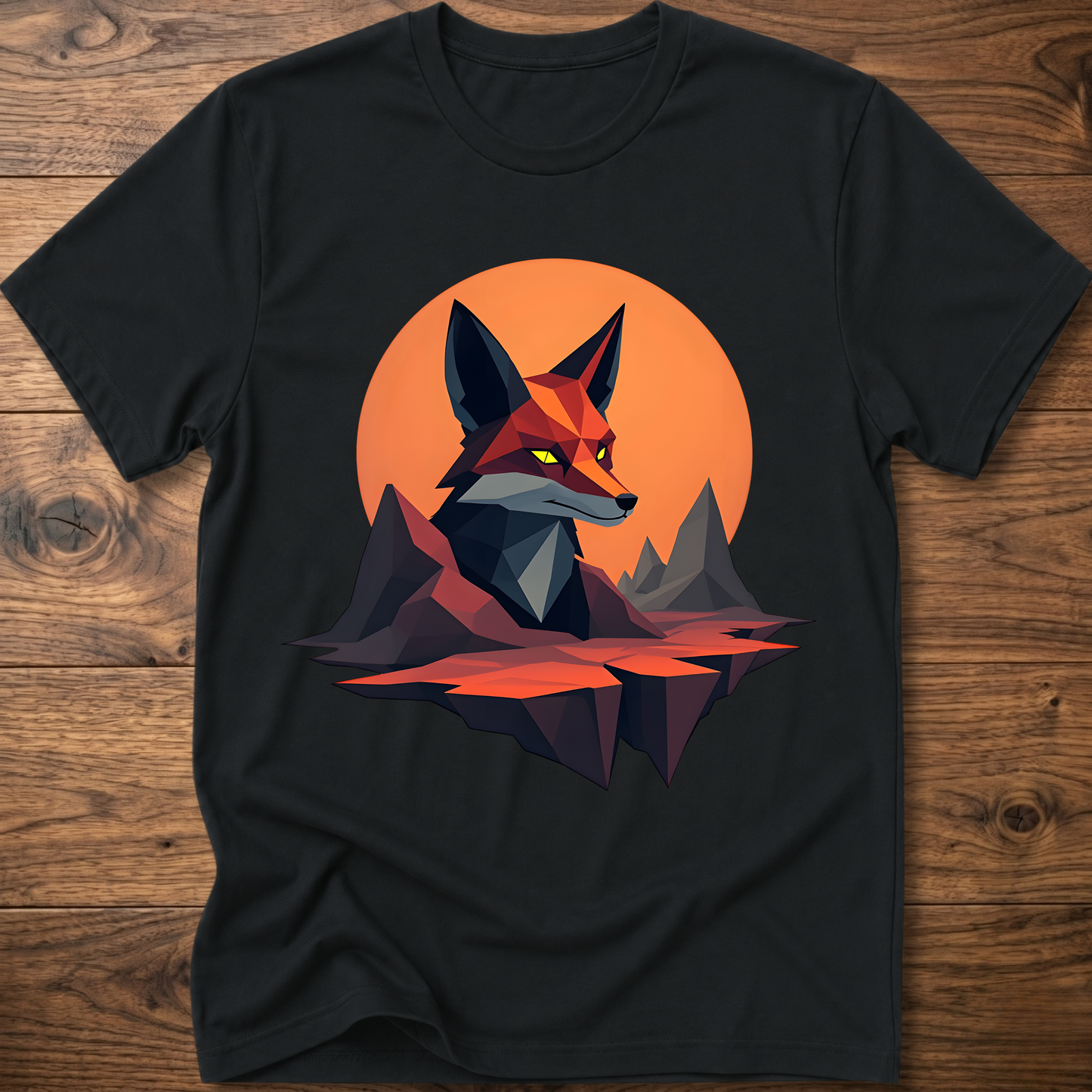 Geometric fox graphic T-shirt, black with orange circle and geometric fox print