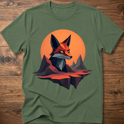 Geometric fox graphic T-shirt, military green with orange circle and geometric fox print