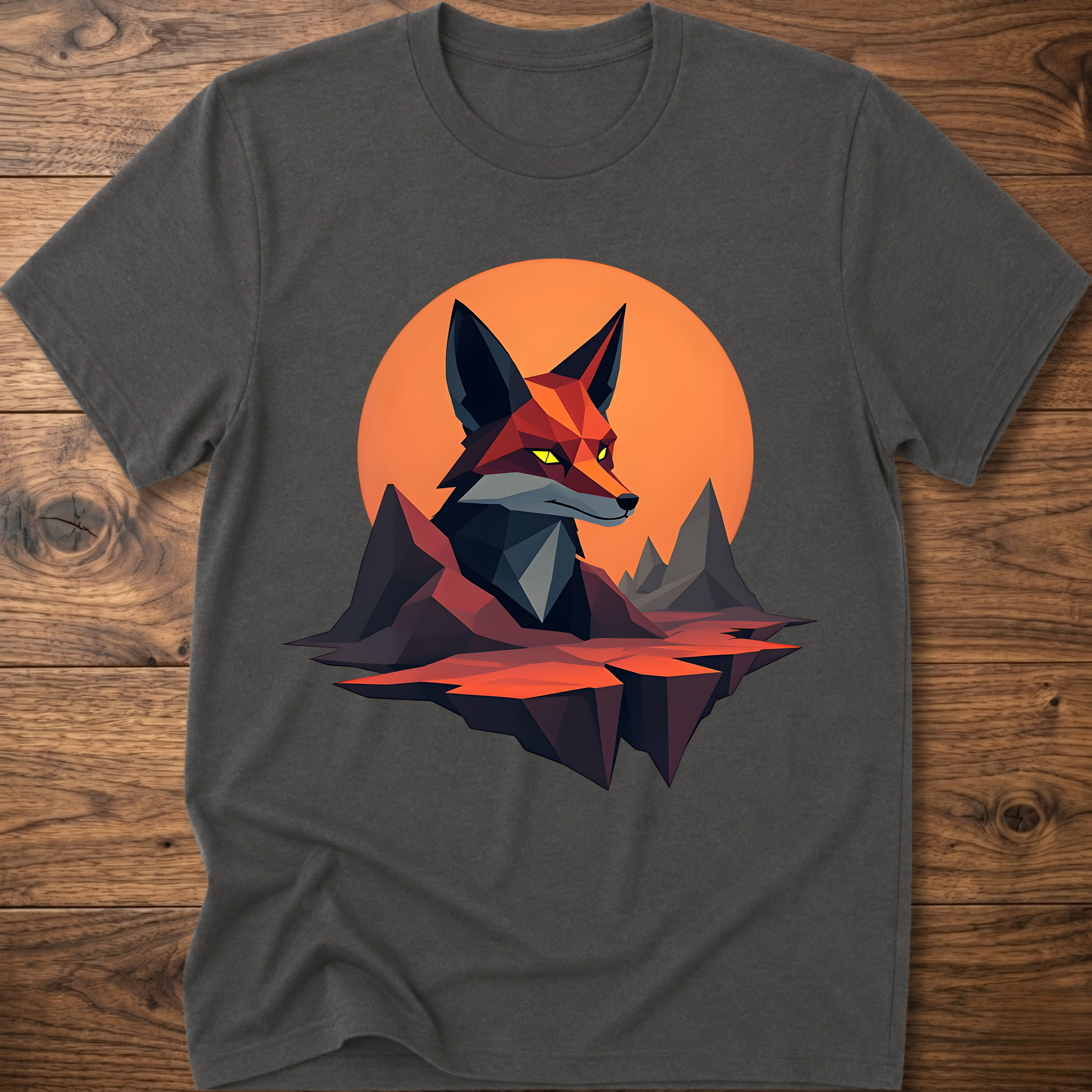 Geometric fox graphic T-shirt, charcoal gray with orange circle and geometric fox print