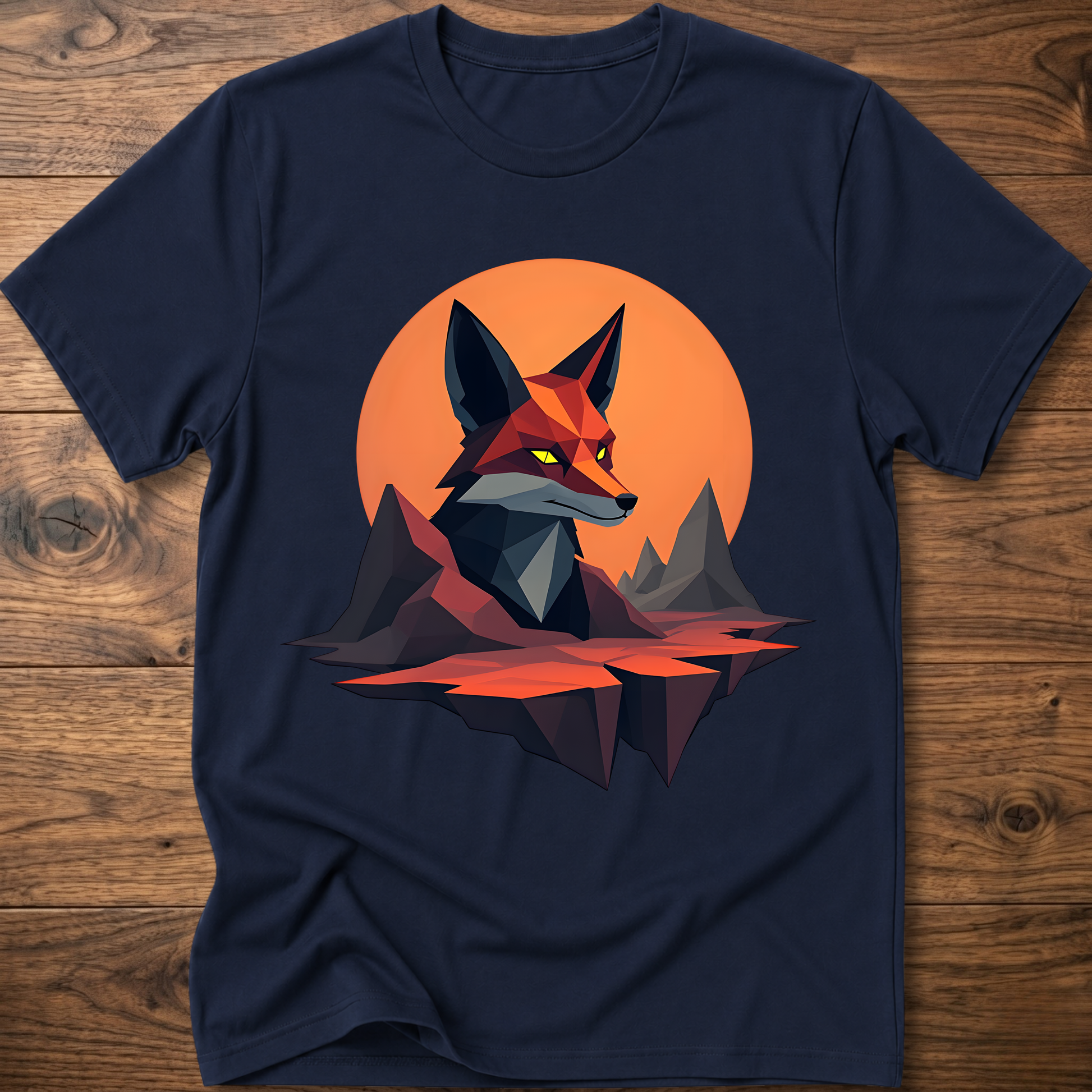 Geometric fox graphic T-shirt, navy blue with orange circle and geometric fox print