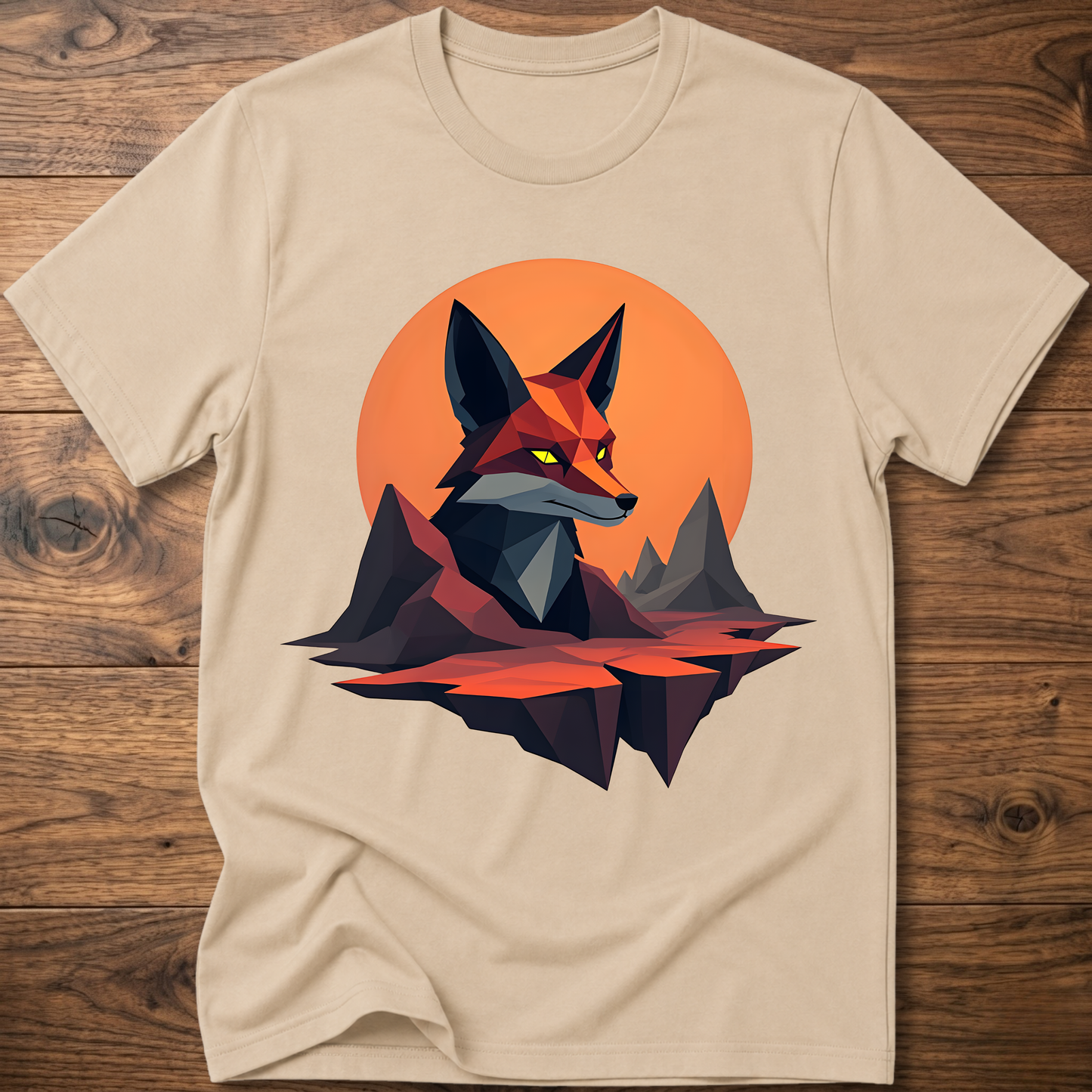 Geometric fox graphic T-shirt, sand beige with orange circle and geometric fox print