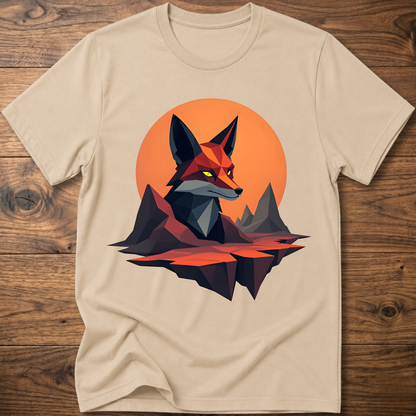 Geometric fox graphic T-shirt, sand beige with orange circle and geometric fox print