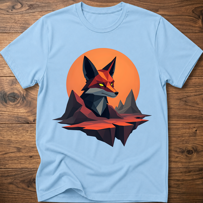 Geometric fox graphic T-shirt, light blue with orange circle and geometric fox print