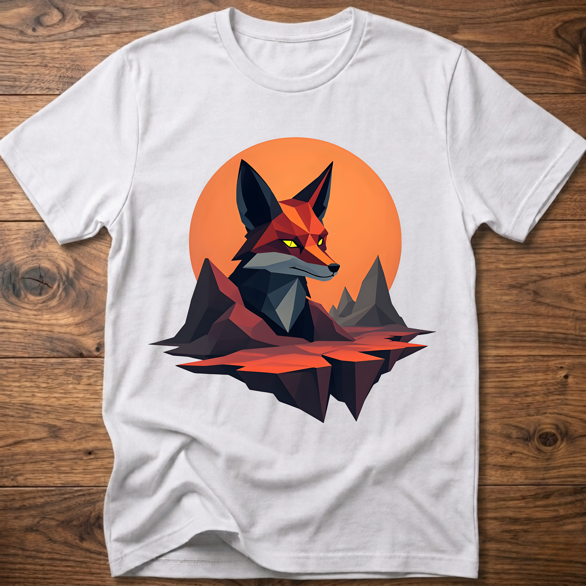 Geometric fox graphic T-shirt, white with orange circle and geometric fox print