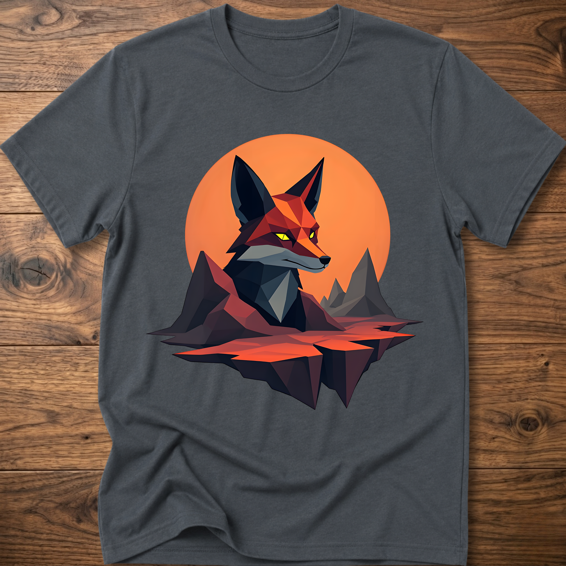 Geometric fox graphic T-shirt, dark gray with orange circle and geometric fox print