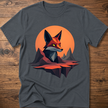Geometric fox graphic T-shirt, dark gray with orange circle and geometric fox print