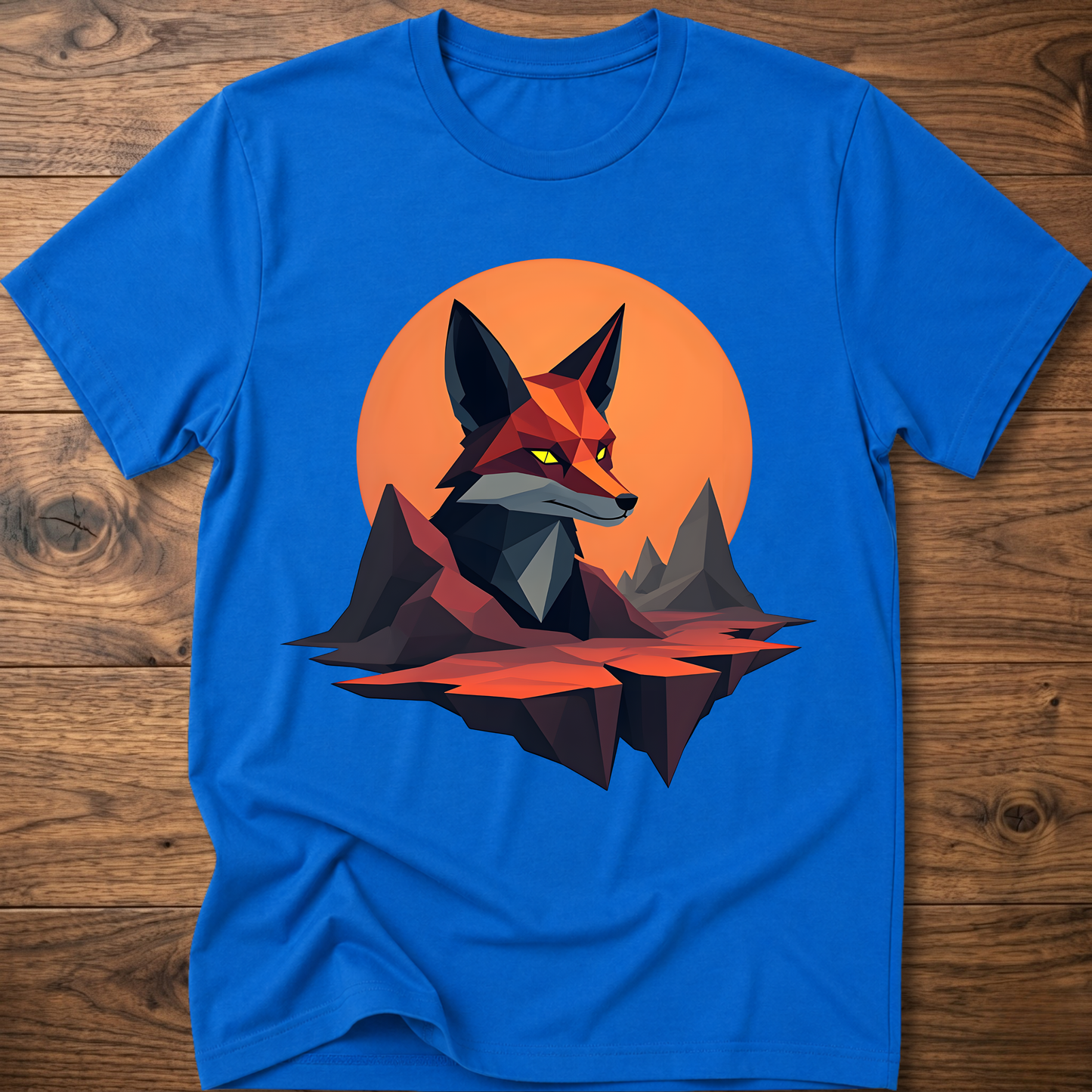 Geometric fox graphic T-shirt, royal blue with orange circle and geometric fox print