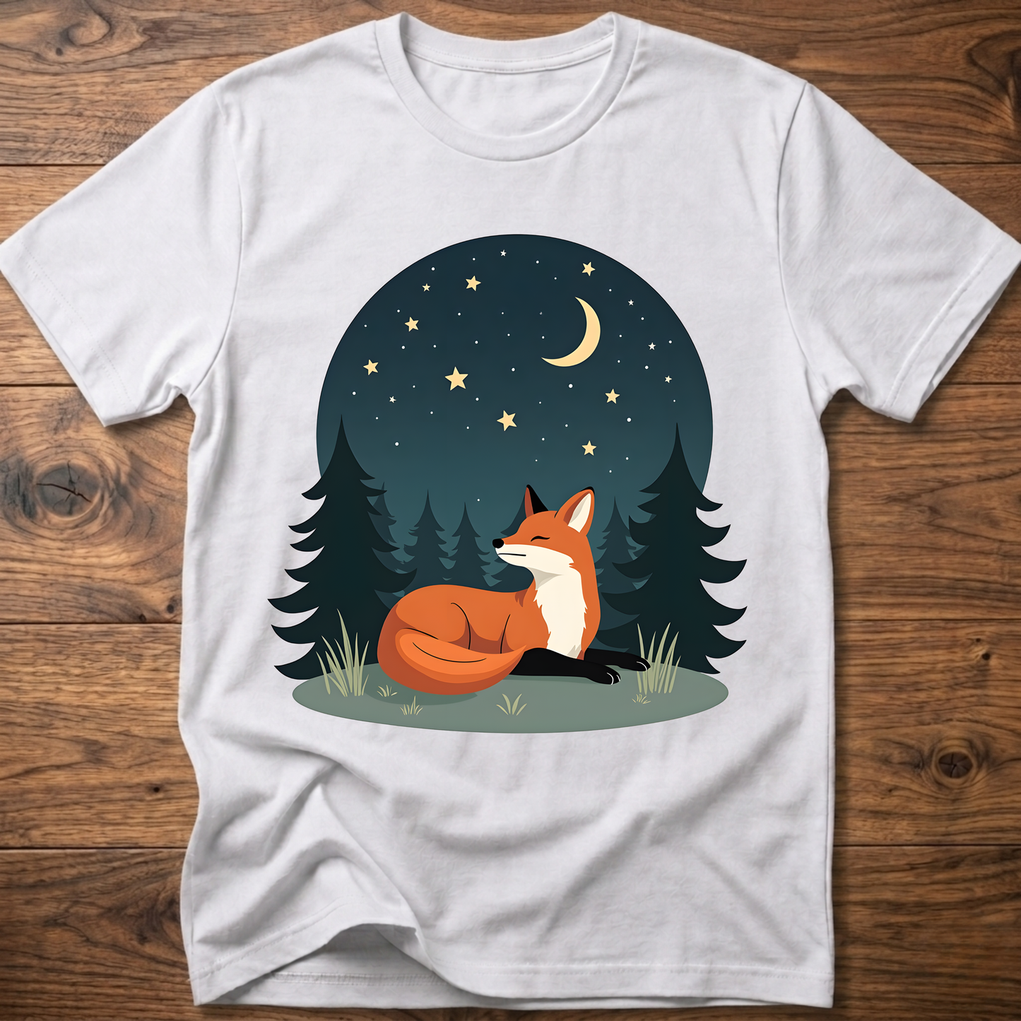 White fox T-shirt with night-sky forest graphic and sitting fox under stars