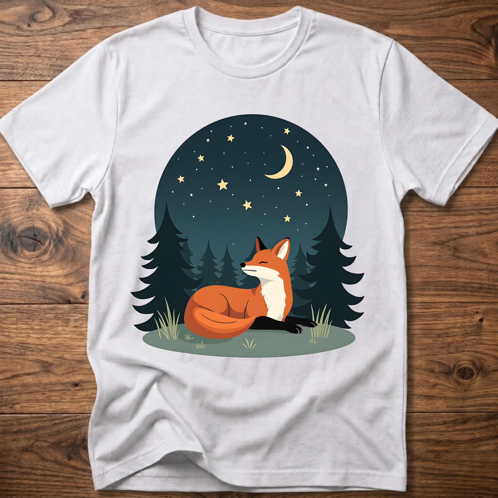 White fox T-shirt with night-sky forest graphic and sitting fox under stars