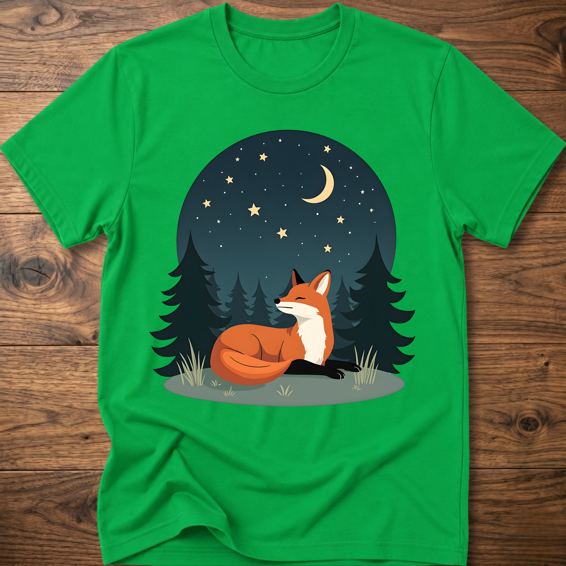 Green fox T-shirt with night-sky forest graphic and sitting fox under stars