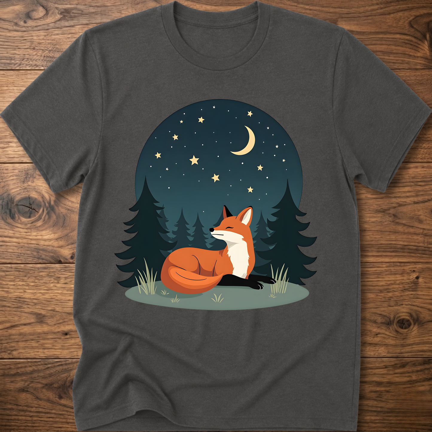 Charcoal fox T-shirt with night-sky forest graphic and sitting fox under stars
