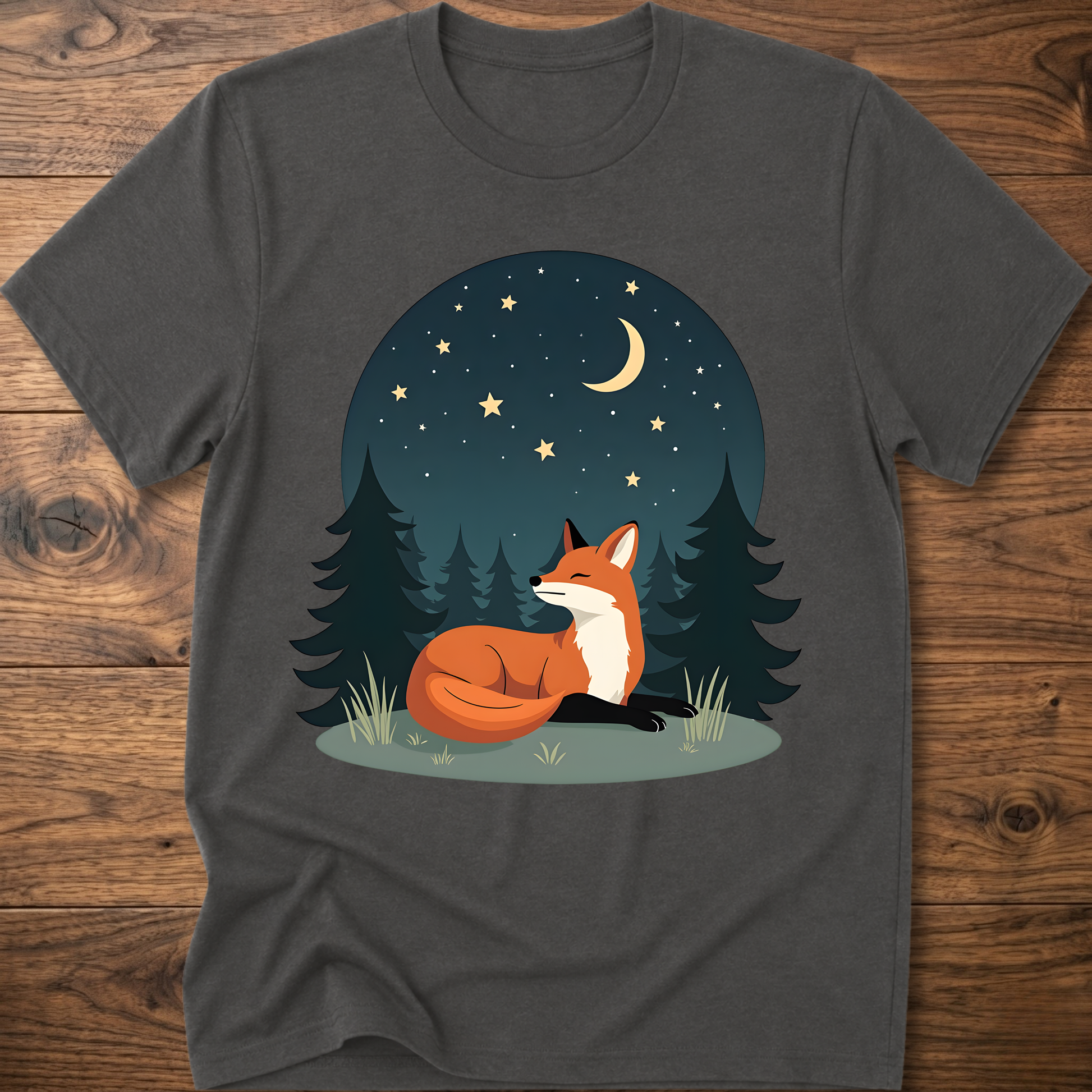 Charcoal fox T-shirt with night-sky forest graphic and sitting fox under stars
