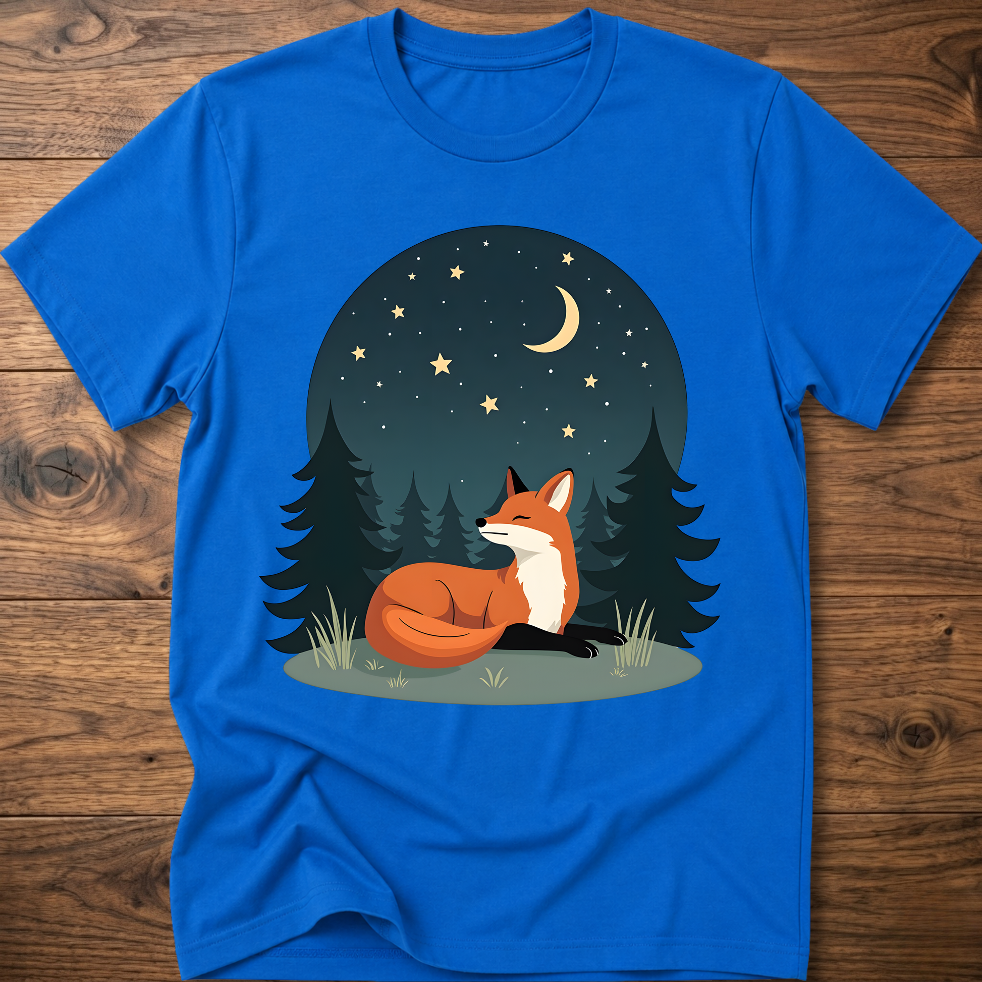 Royal blue fox T-shirt with night-sky forest graphic and sitting fox under stars