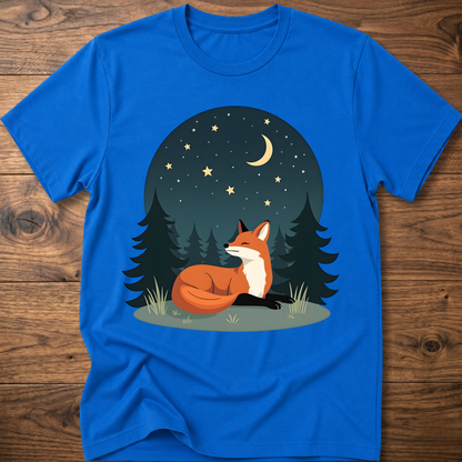 Royal blue fox T-shirt with night-sky forest graphic and sitting fox under stars