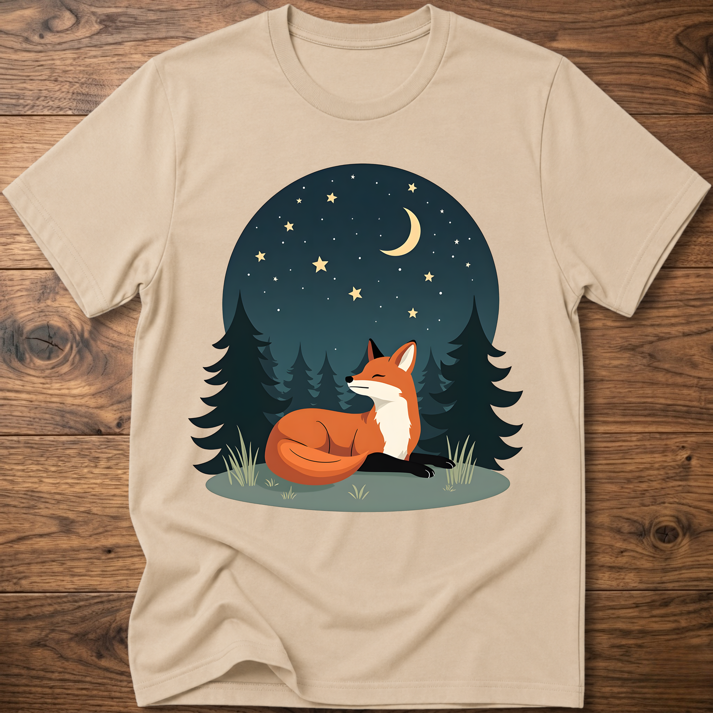 Sand fox T-shirt with night-sky forest graphic and sitting fox under stars