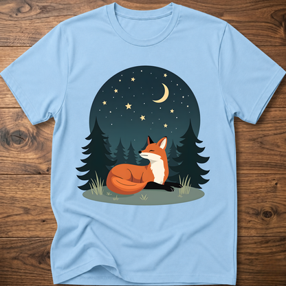 Light blue fox T-shirt with night-sky forest graphic and sitting fox under stars