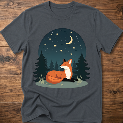Dark gray fox T-shirt with night-sky forest graphic and sitting fox under stars