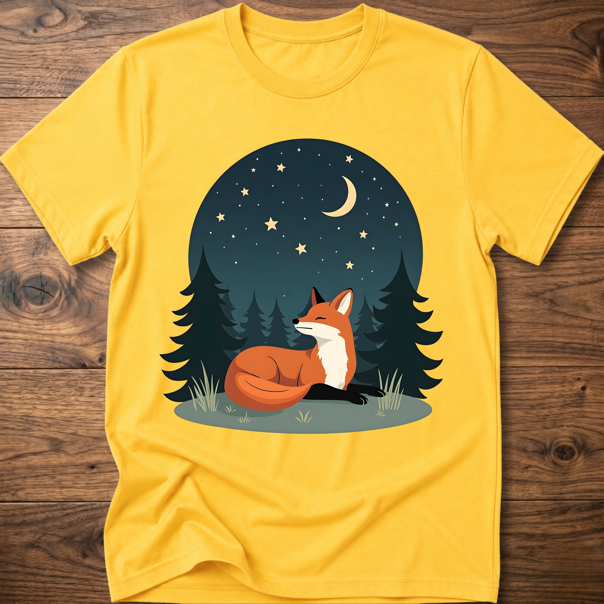 Yellow fox T-shirt with night-sky forest graphic and sitting fox under stars