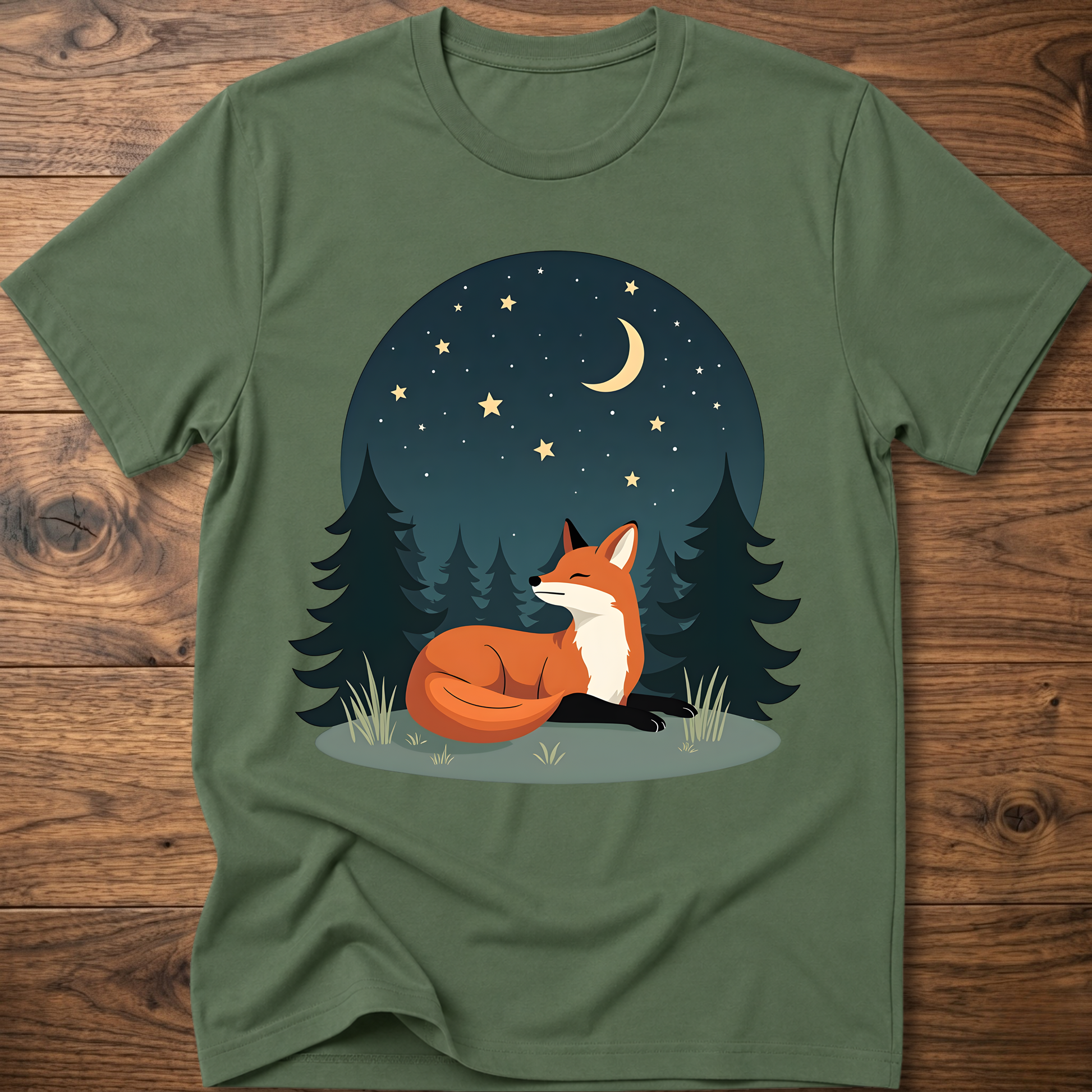 Military green fox T-shirt with night-sky forest graphic and sitting fox under stars