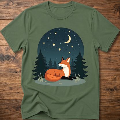 Military green fox T-shirt with night-sky forest graphic and sitting fox under stars