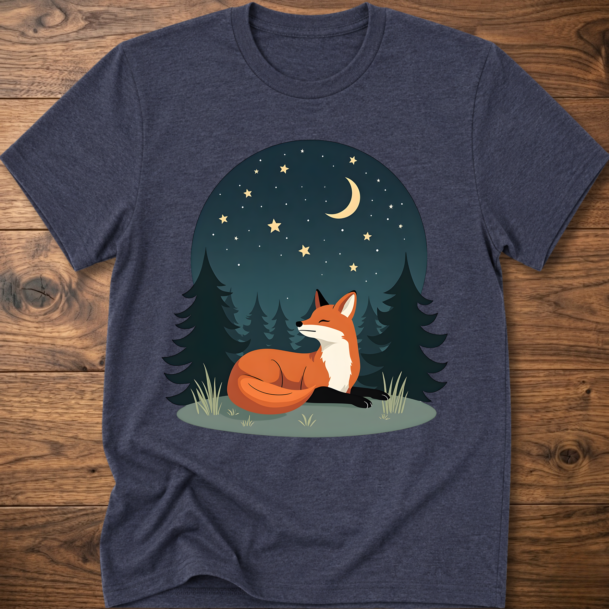 Heather navy fox T-shirt with night-sky forest graphic and sitting fox under stars