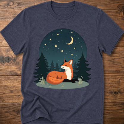 Heather navy fox T-shirt with night-sky forest graphic and sitting fox under stars