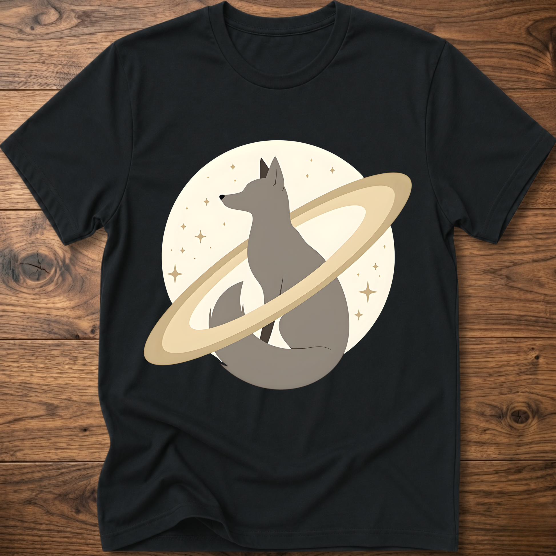Black short-sleeve crewneck t-shirt with minimal fox in space graphic