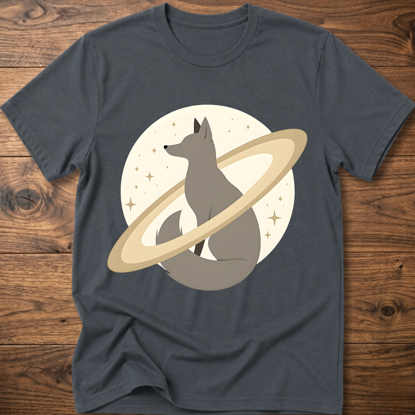 Dark gray short-sleeve crewneck t-shirt with minimal fox in space graphic