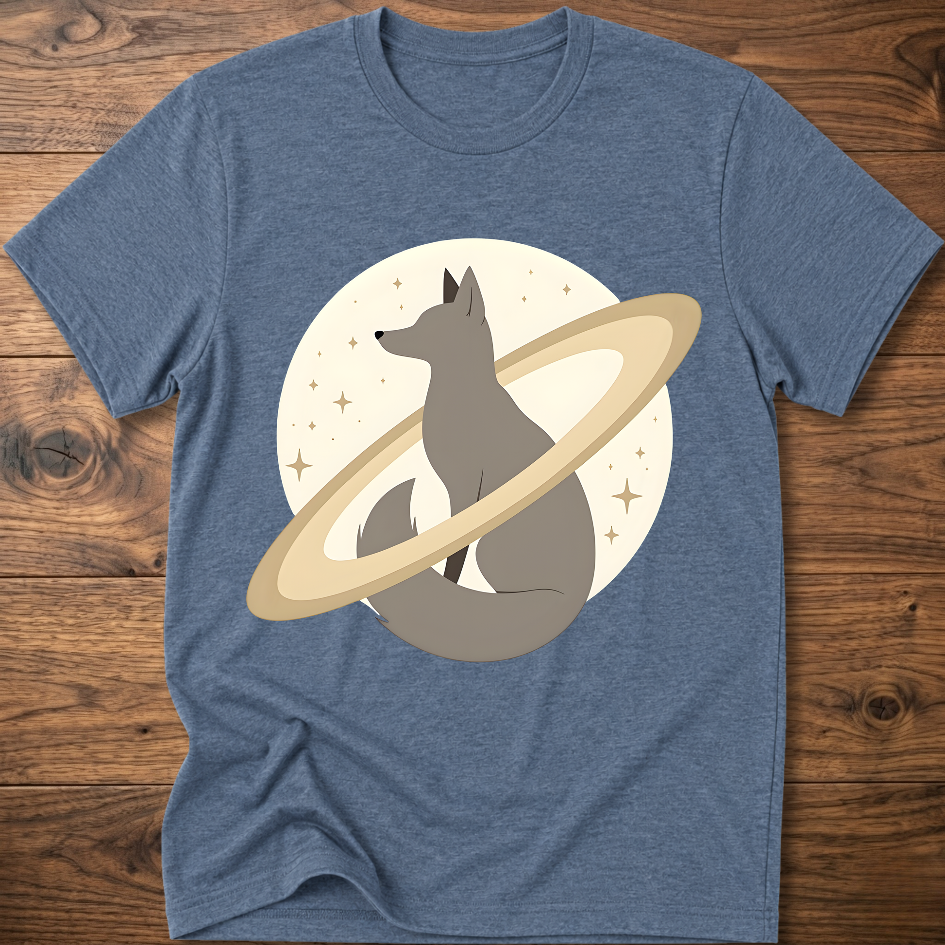 Blue heather short-sleeve crewneck t-shirt with minimal fox in space graphic