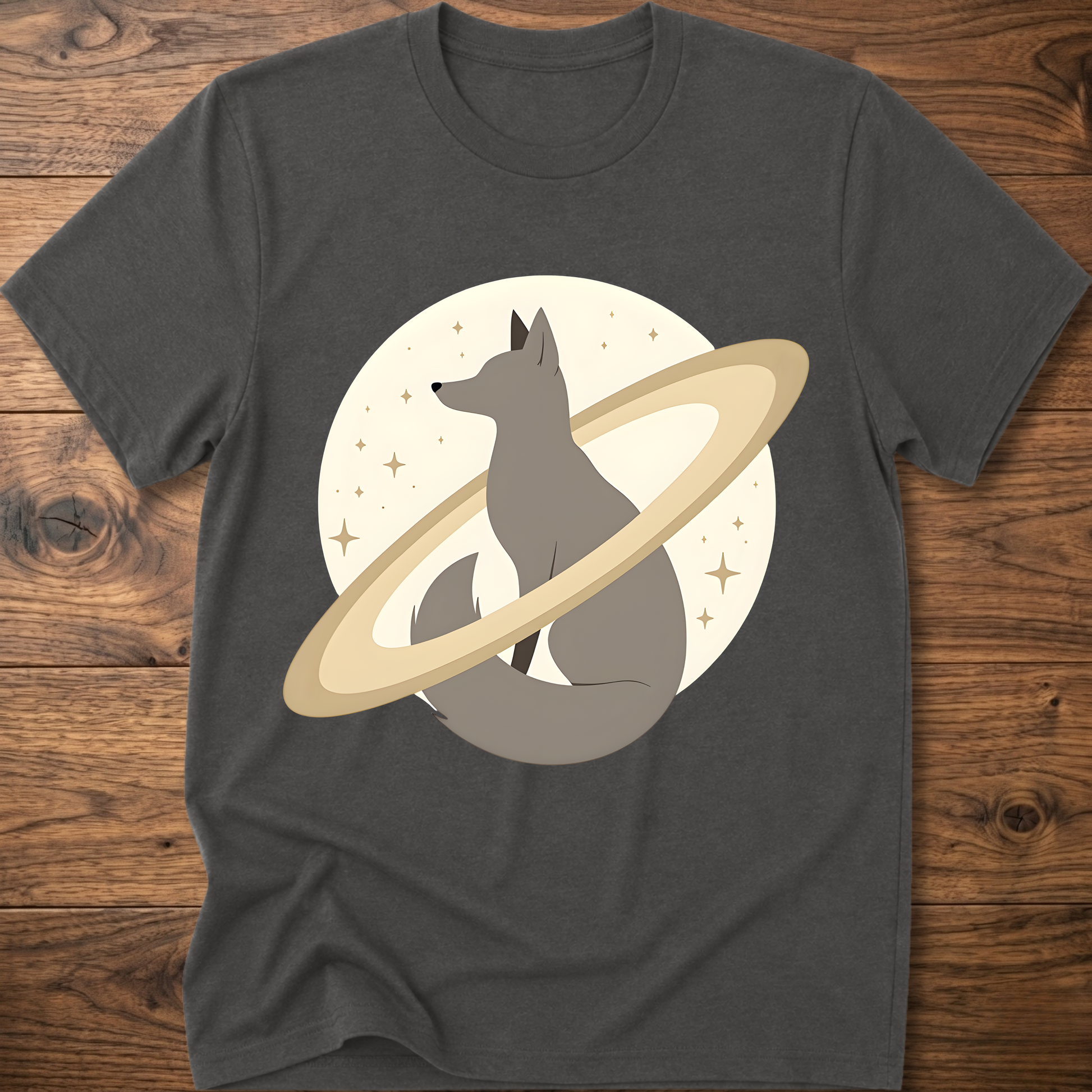 Charcoal short-sleeve crewneck t-shirt with minimal fox in space graphic
