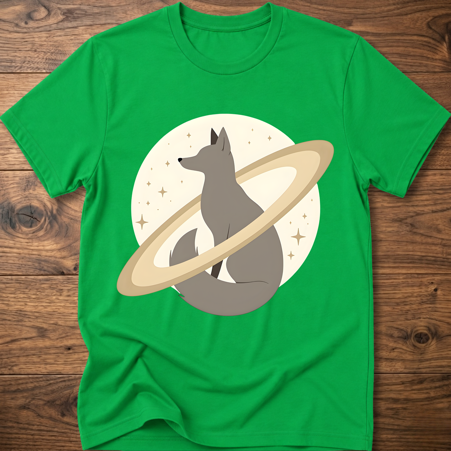 Green short-sleeve crewneck t-shirt with minimal fox in space graphic