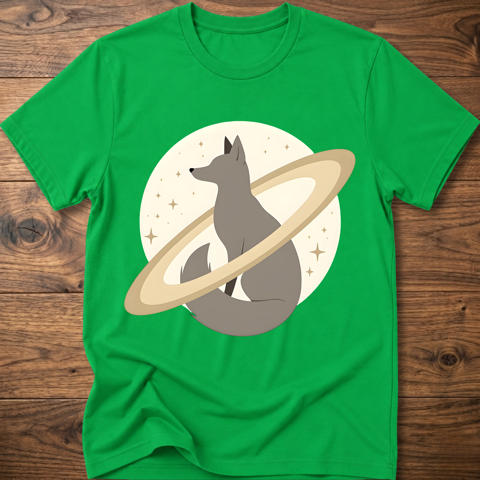 Green short-sleeve crewneck t-shirt with minimal fox in space graphic