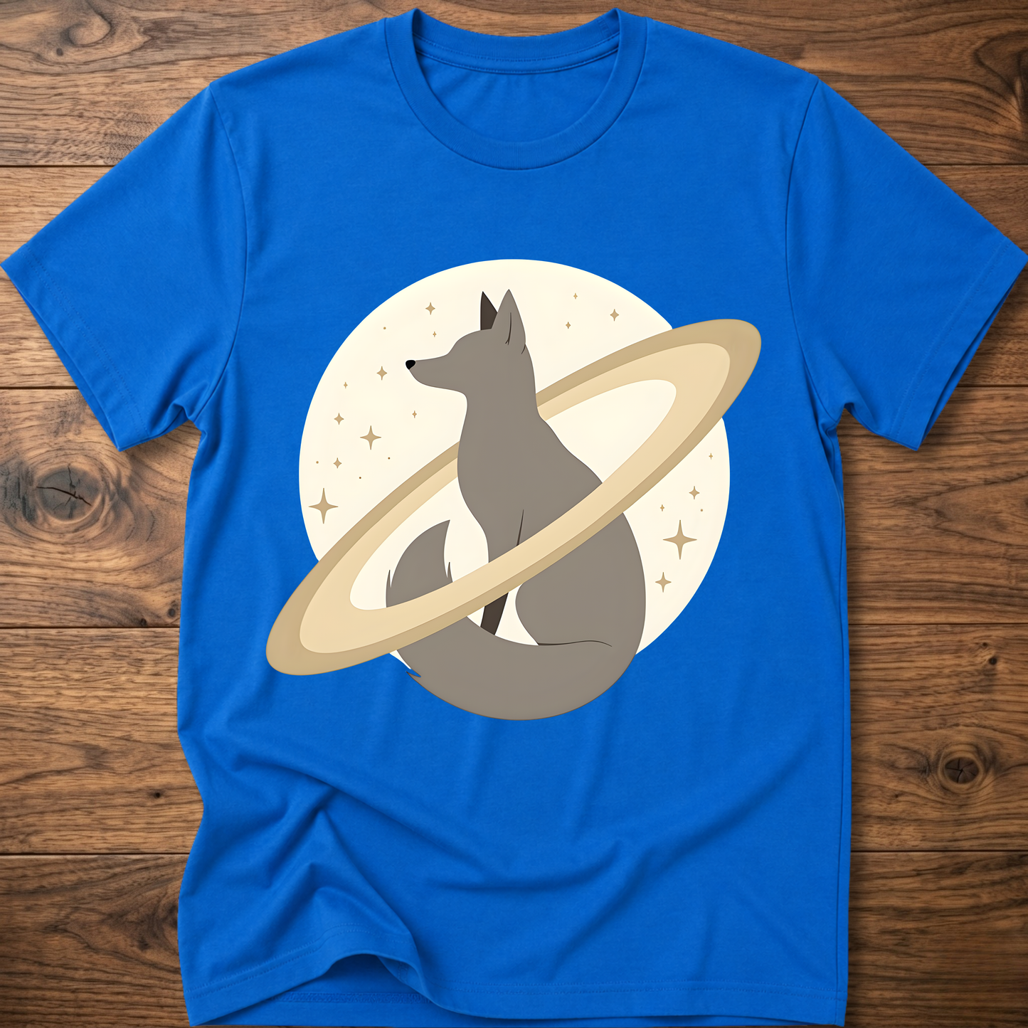 Royal blue short-sleeve crewneck t-shirt with minimal fox in space graphic